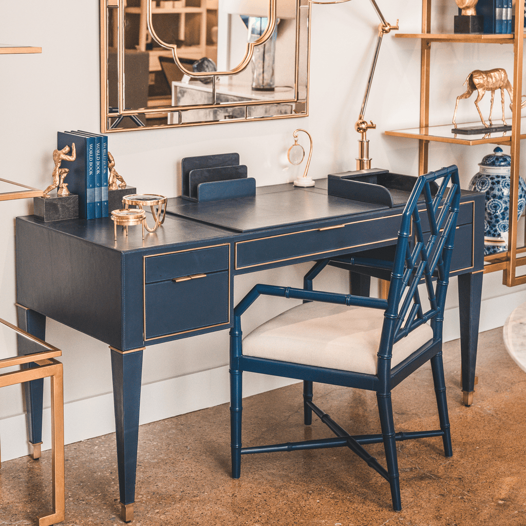 Neoclassic Hunter Desk in Navy Blue Leather - Desks & Desk Chairs - The Well Appointed House