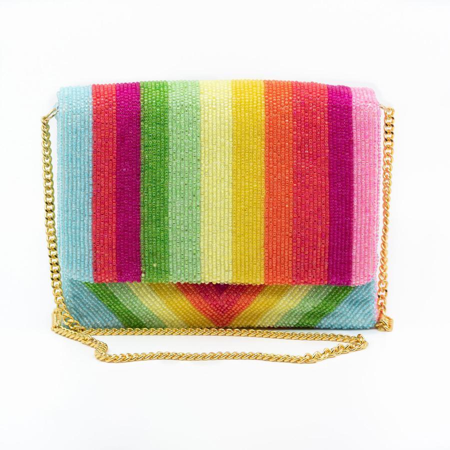 Neon Rainbow Striped Beaded Handbag With Gold Chain - Gifts for Her - The Well Appointed House