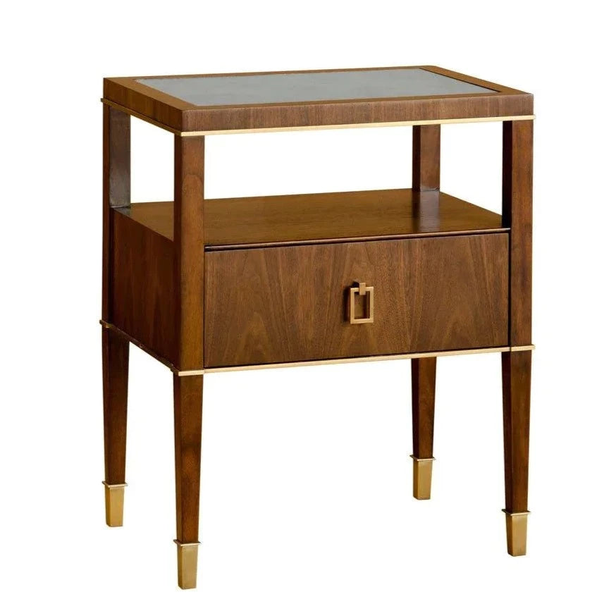 One Drawer Walnut Side Table With Brass Accents - Side & Accent Tables - The Well Appointed House