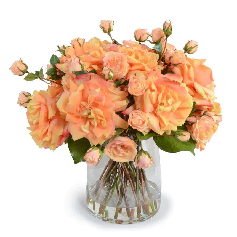 Orange Peach Rose Bouquet in Glass Vase - Florals & Greenery - The Well Appointed House