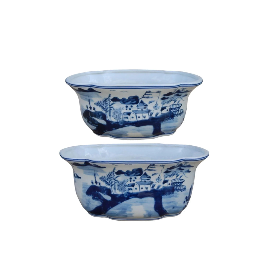 Oval Blue & White Porcelain Handmade Canton Planters - Indoor Planters - The Well Appointed House