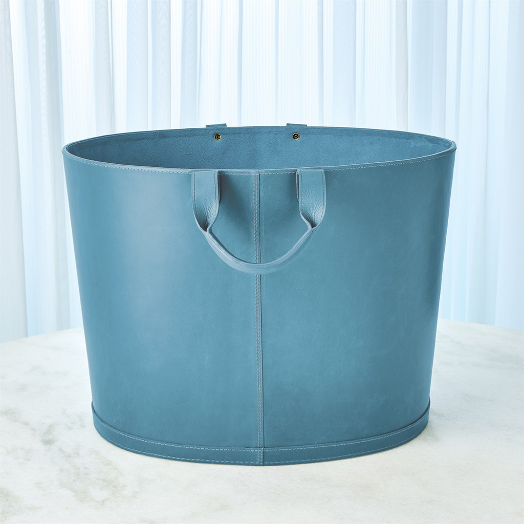 Oval Leather Basket In Azure Blue - The Well Appointed House 