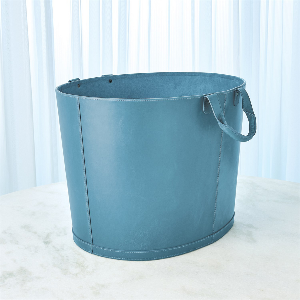 Oval Leather Basket In Azure Blue - The Well Appointed House 