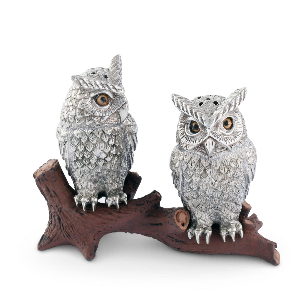 Owl On Log Pewter Salt And Pepper Shakers - The Well Appointed House 