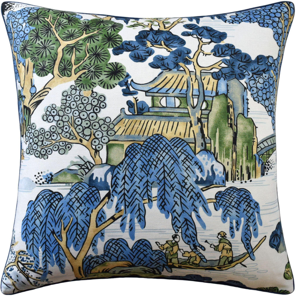 Pagoda Design Square Decorative Pillow in Blue and Green - Pillows - The Well Appointed House