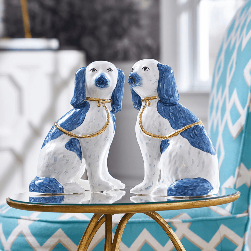 Pair of Blue & White Ceramic Staffordshire Dogs - Decorative Objects - The Well Appointed House