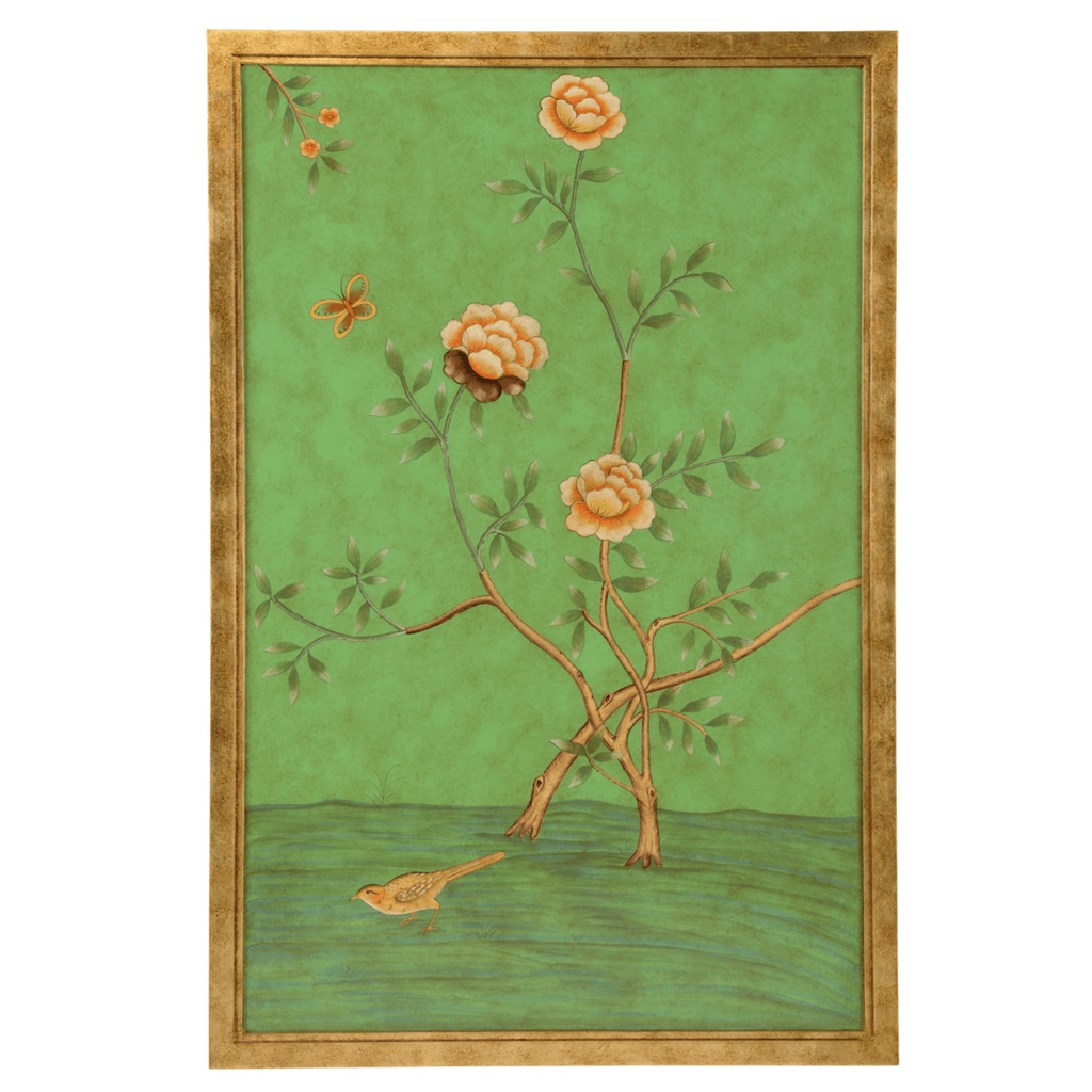 Pair of Green & Coral Floral Chinese Hand Painted Panels - Paintings - The Well Appointed House