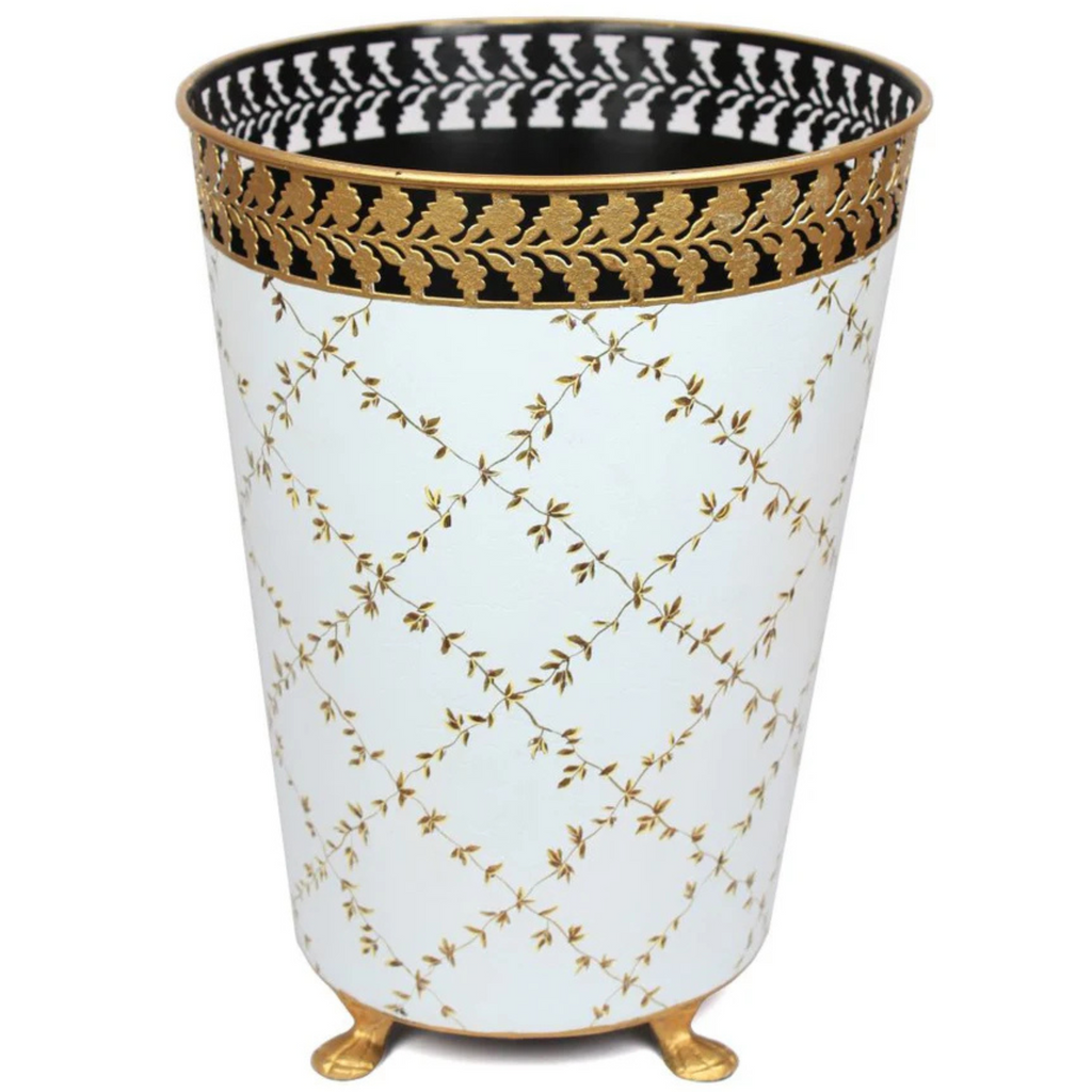 Pale Blue & Pierced Gold Leaf Wastepaper Basket - The Well Appointed House 