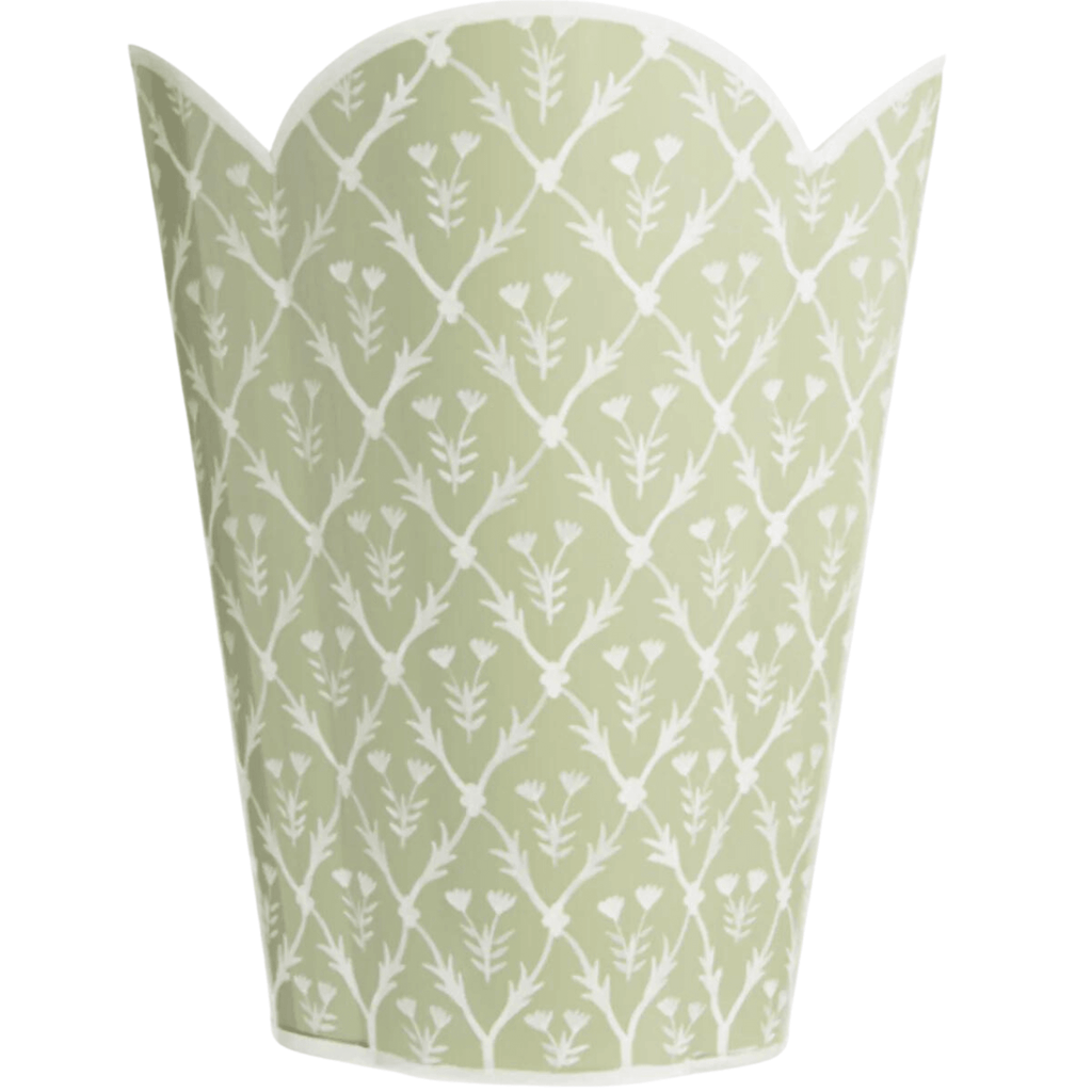 Pale Green & White Floral Scalloped Wastebasket - Wastebasket - The Well Appointed House