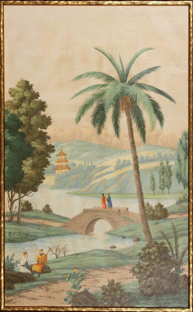 Palm Paysage I Landscape & Pagoda Canvas Wall Art in Gold Frame - Paintings - The Well Appointed House