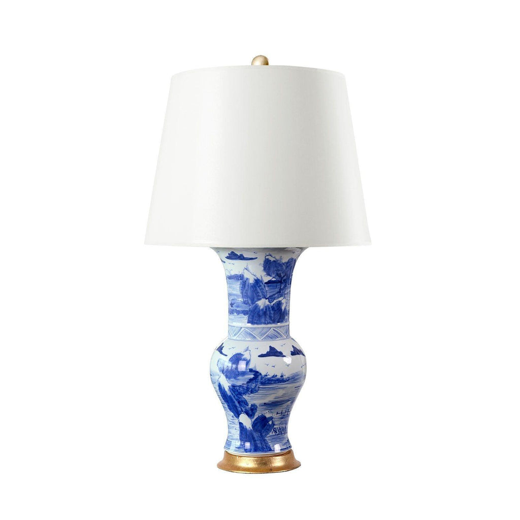 Pavillion Blue and White Porcelain Chinoiserie Lamp with Gold Leaf Base - Table Lamps - The Well Appointed House