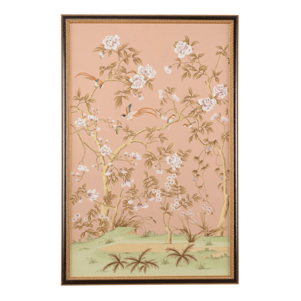 Peach Chinoiserie Panel Wall Art I With Birds and Flowers - Paintings - The Well Appointed House