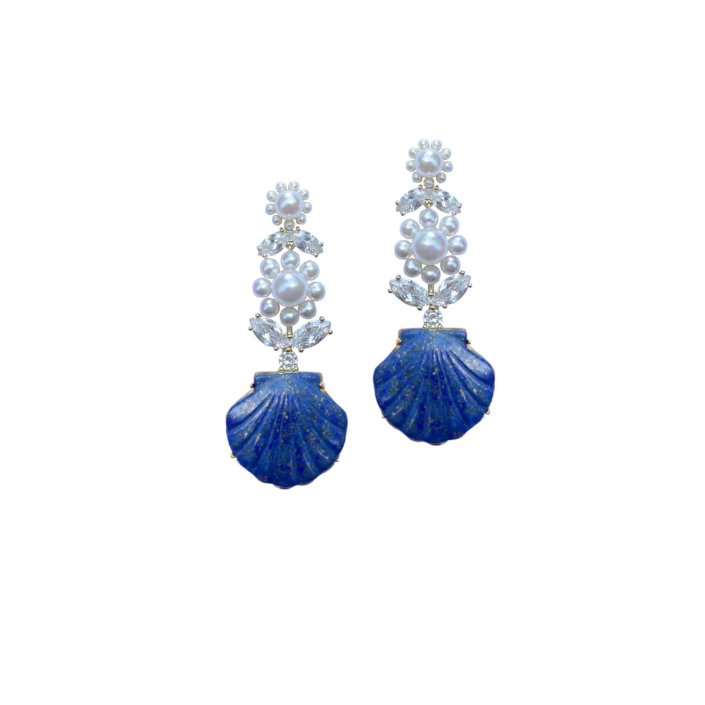 Pearly Flower & Lapis Blue Sea Shell Drop Earrings - The Wel Appointed House