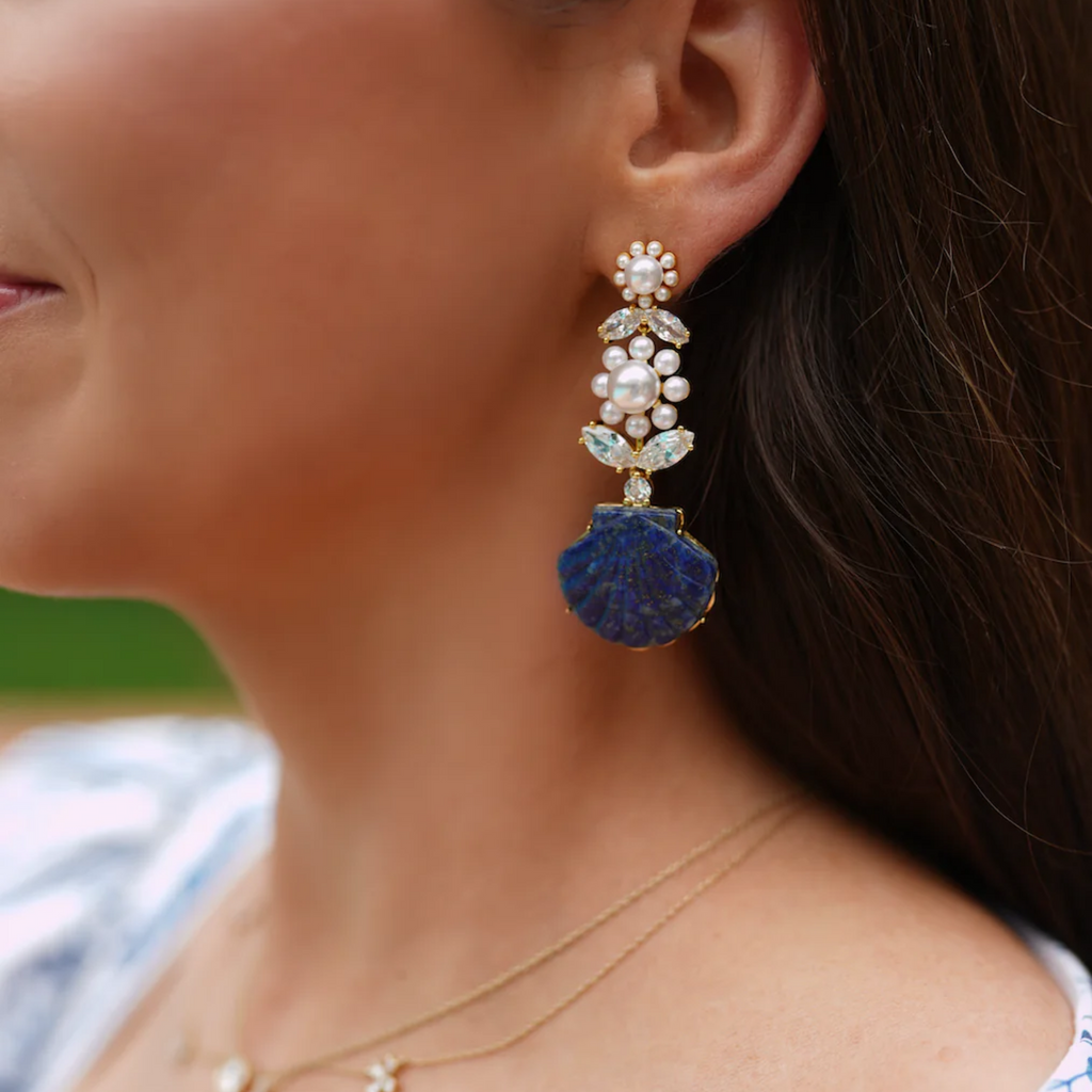 Pearly Flower & Lapis Blue Sea Shell Drop Earrings - The Wel Appointed House