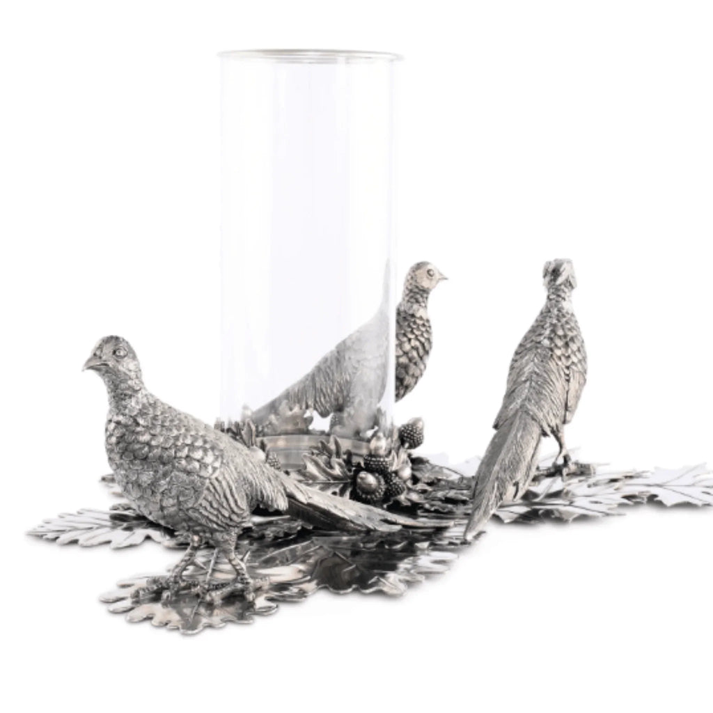 Pewter Pheasant Pillar Hurricane Centerpiece - Candlesticks & Candles - The Well Appointed House