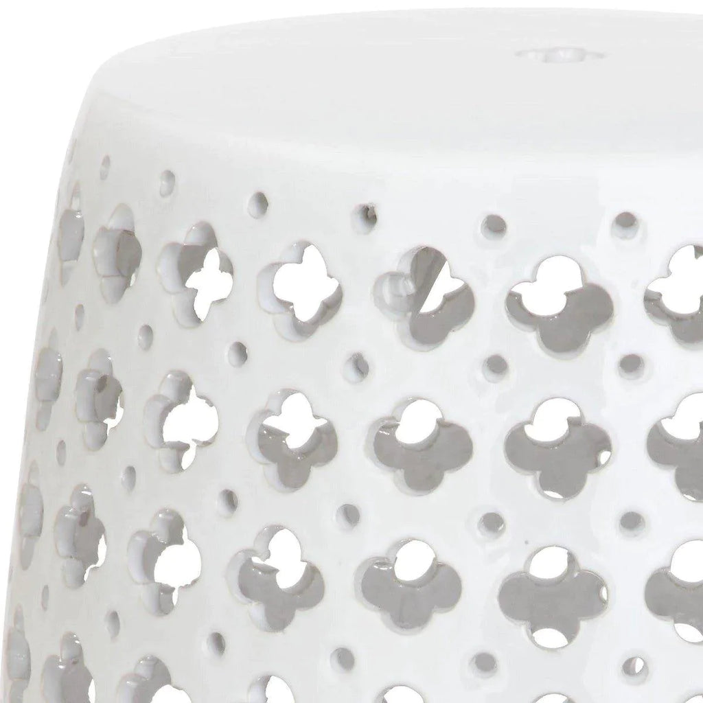 Pierced Quatrefoil Indoor-Outdoor Ceramic Garden Stool In White - Garden Stools & Benches - The Well Appointed House