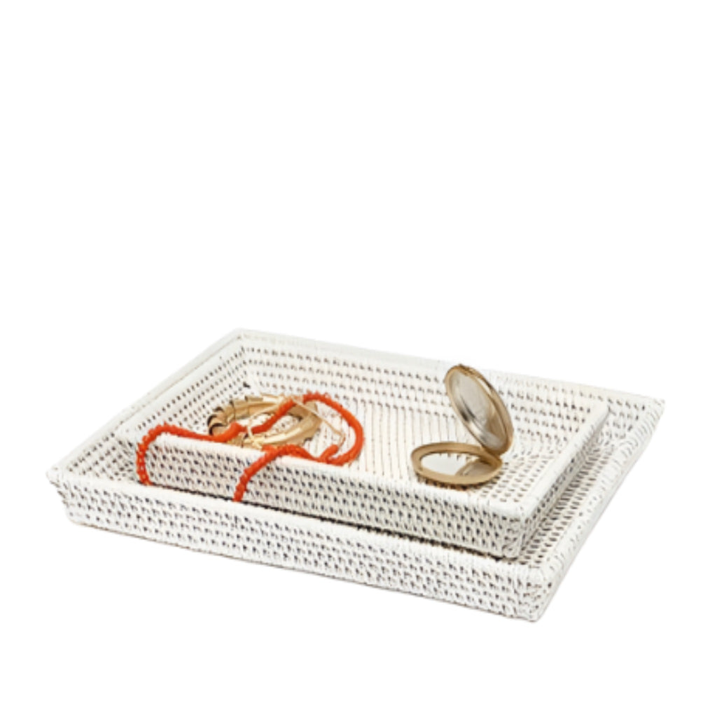 Pigeon & Poodle Dalton Woven Rattan Bathroom Bathroom Vanity Tray Set in White - Bath Accessories - The Well Appointed House