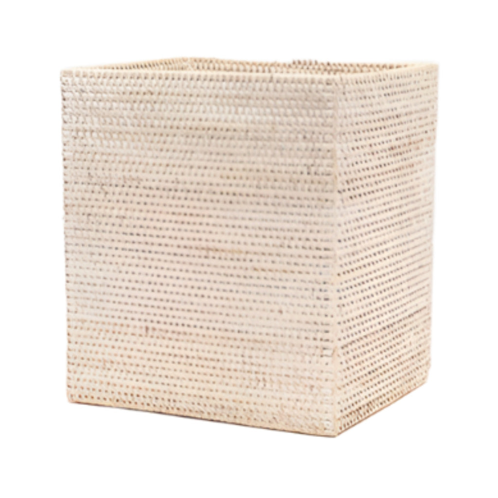 Pigeon & Poodle Dalton Woven Rattan Rectangular Wastebasket in White Washed with Optional Tissue Box - Wastebasket Sets - The Well Appointed House