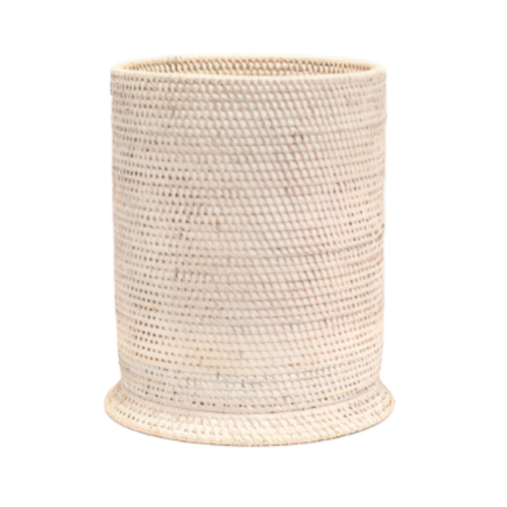Pigeon & Poodle Dalton Woven Rattan Round Wastebasket in White Washed with Optional Tissue Box - Wastebasket Sets - The Well Appointed House