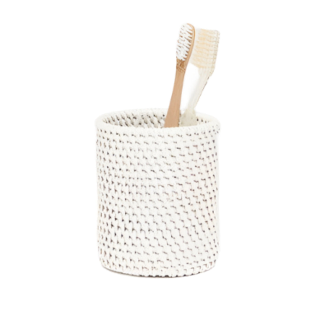 Pigeon & Poodle Dalton Woven Rattan Toothbrush Holder in White - Bath Accessories - The Well Appointed House