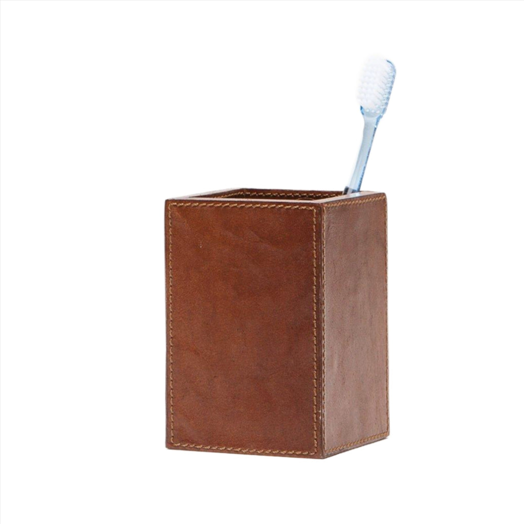 Pigeon & Poodle Hampton Brush Holder in Tobacco Brown Leather - Bath Accessories - The Well Appointed House