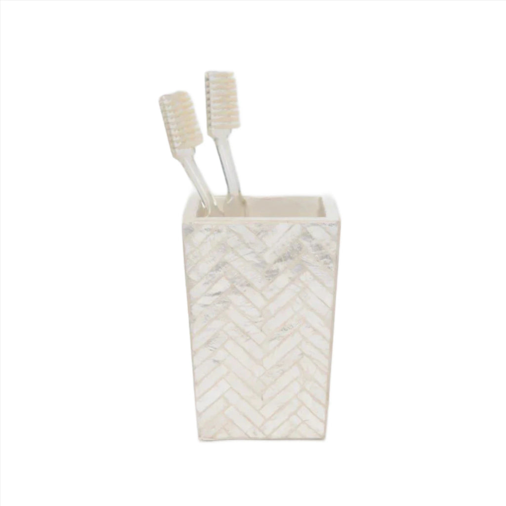 Pigeon & Poodle Handa Herringbone Capiz Shell Brush Holder in Pearl - Bath Accessories - The Well Appointed House