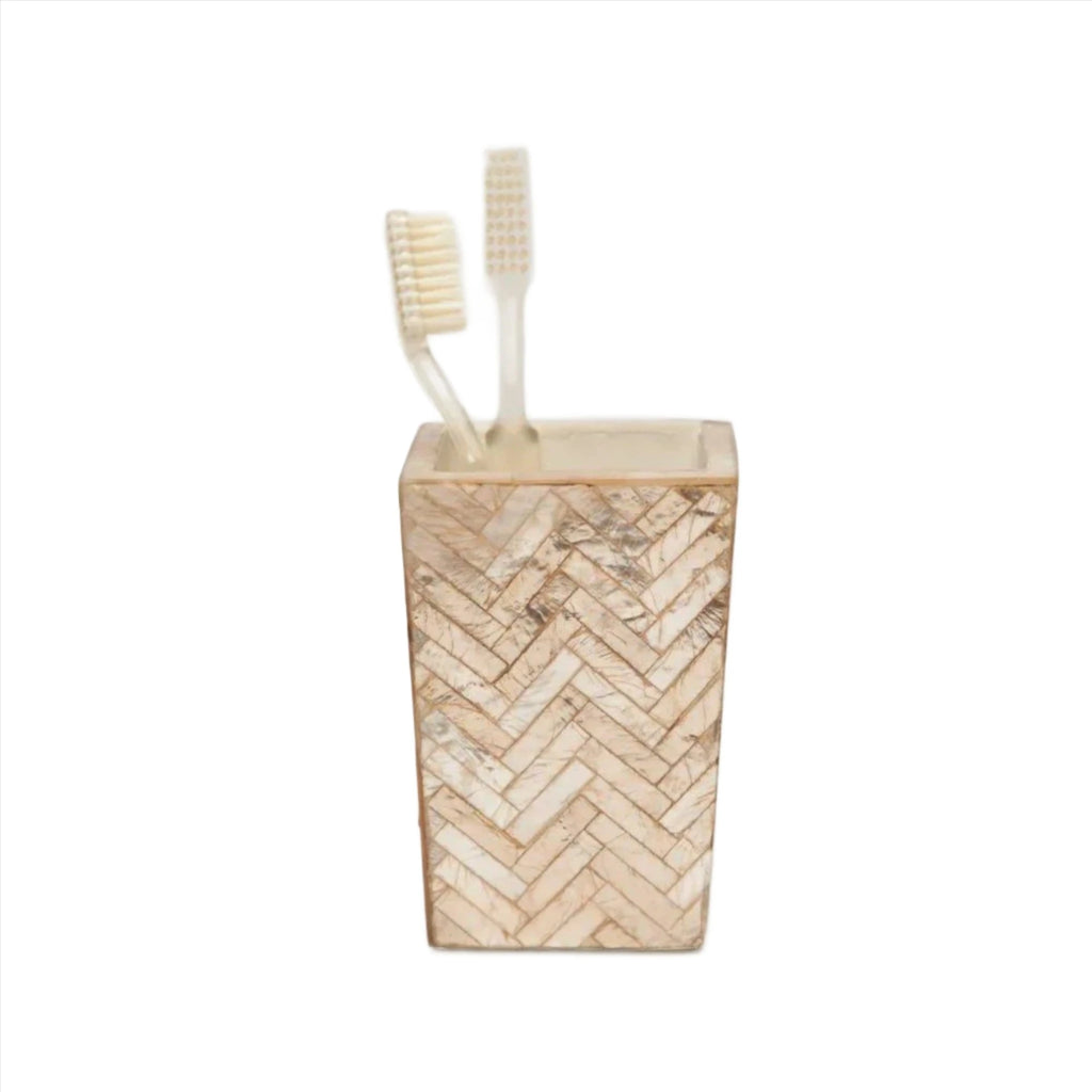 Pigeon & Poodle Handa Herringbone Capiz Shell Brush Holder in Smoked - Bath Accessories - The Well Appointed House