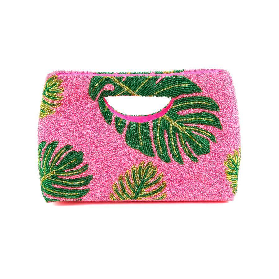 Pink & Green Beaded Palm Leaf Handbag With Gusset - Gifts for Her - The Well Appointed House