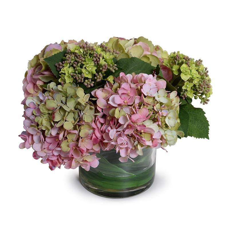 Pink and Green Hydrangea in Leaf Lined Glass Cylinder - Florals & Greenery - The Well Appointed House