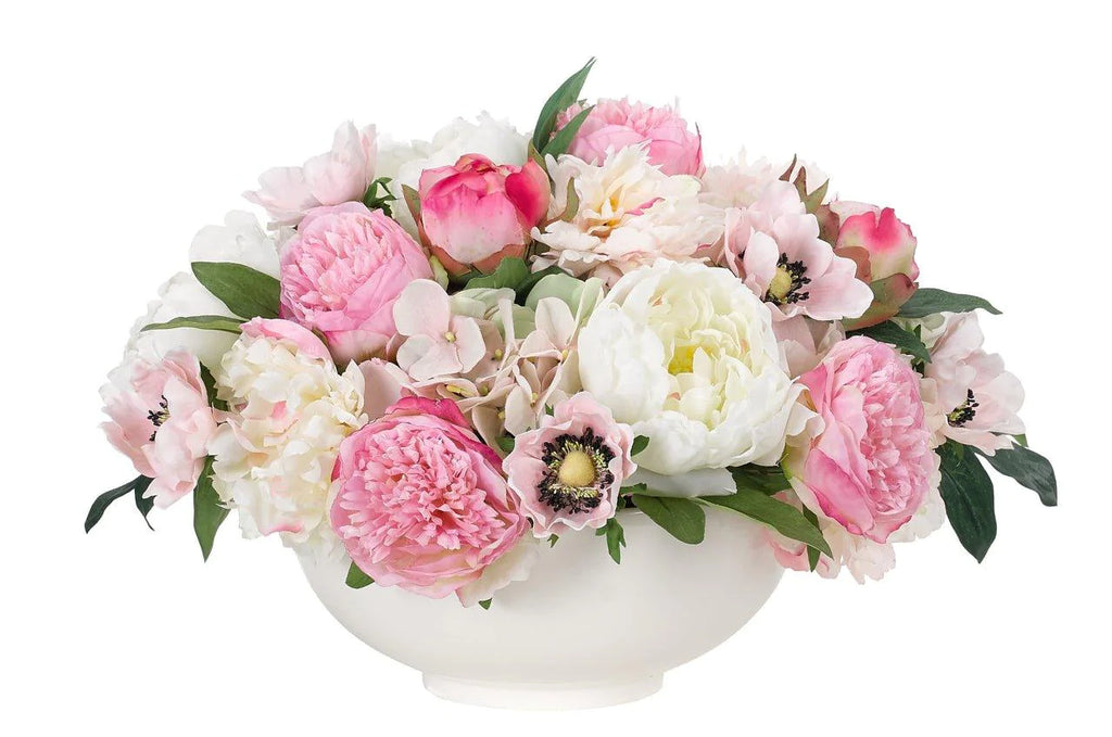 Pink and White Faux Peony and Anemone Arrangement in Ceramic Bowl - Florals & Greenery - The Well Appointed House