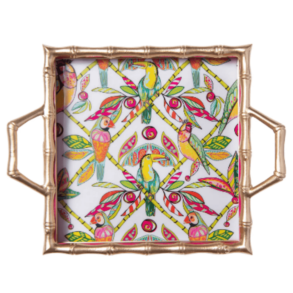 Pink Bamboo Birds Enameled Square Chang Mai Tray - Decorative Trays - The Well Appointed House