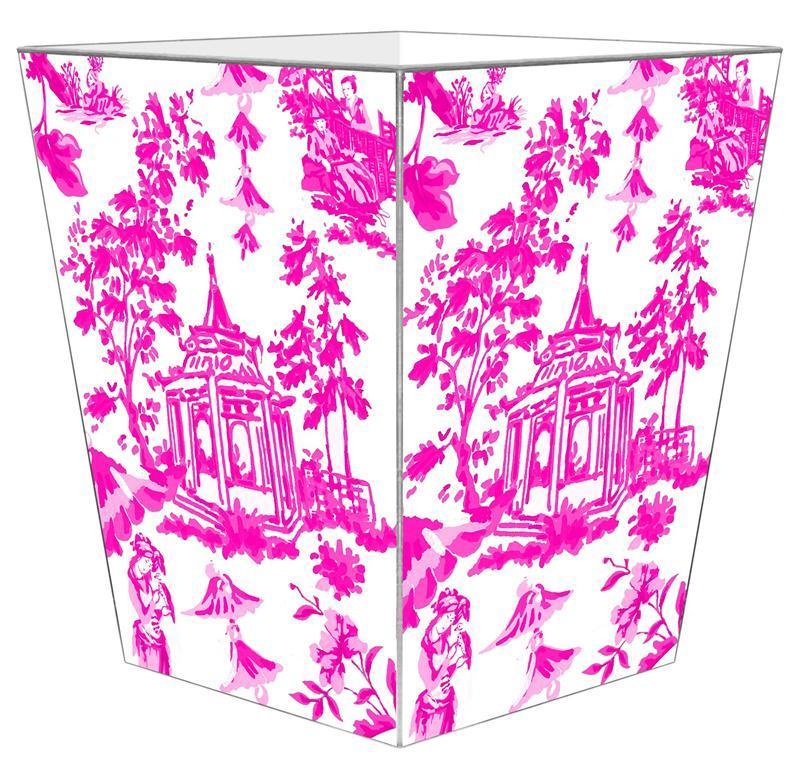 Pink Chinoiserie Pagoda Decoupage Wastebasket and Optional Tissue Box
