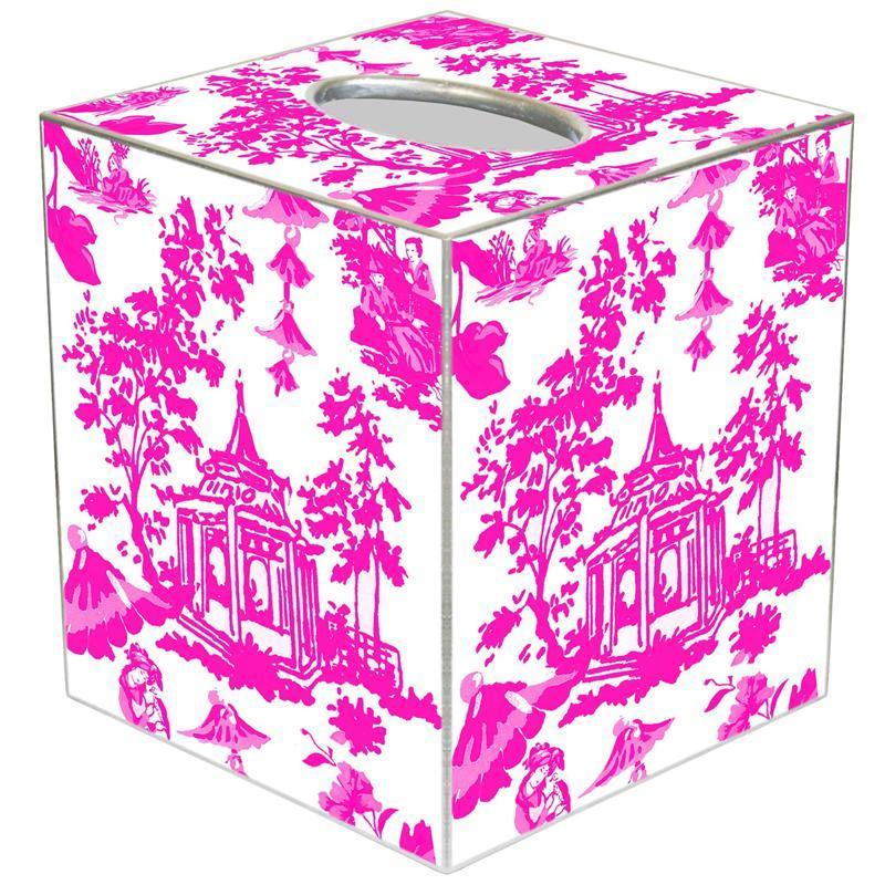 Pink Chinoiserie Pagoda Decoupage Wastebasket and Optional Tissue Box