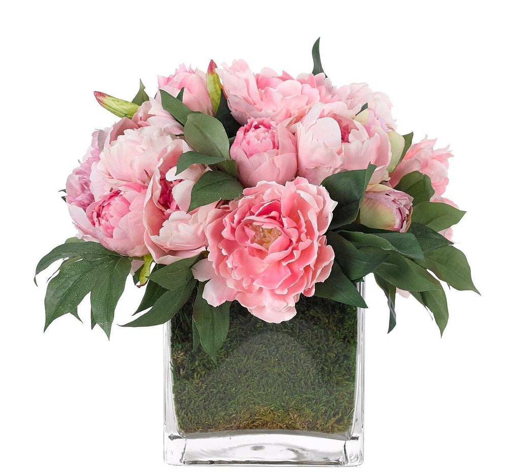 Pink Faux Peony Arrangement in Moss and Glass Cube Vase - Florals & Greenery - The Well Appointed House