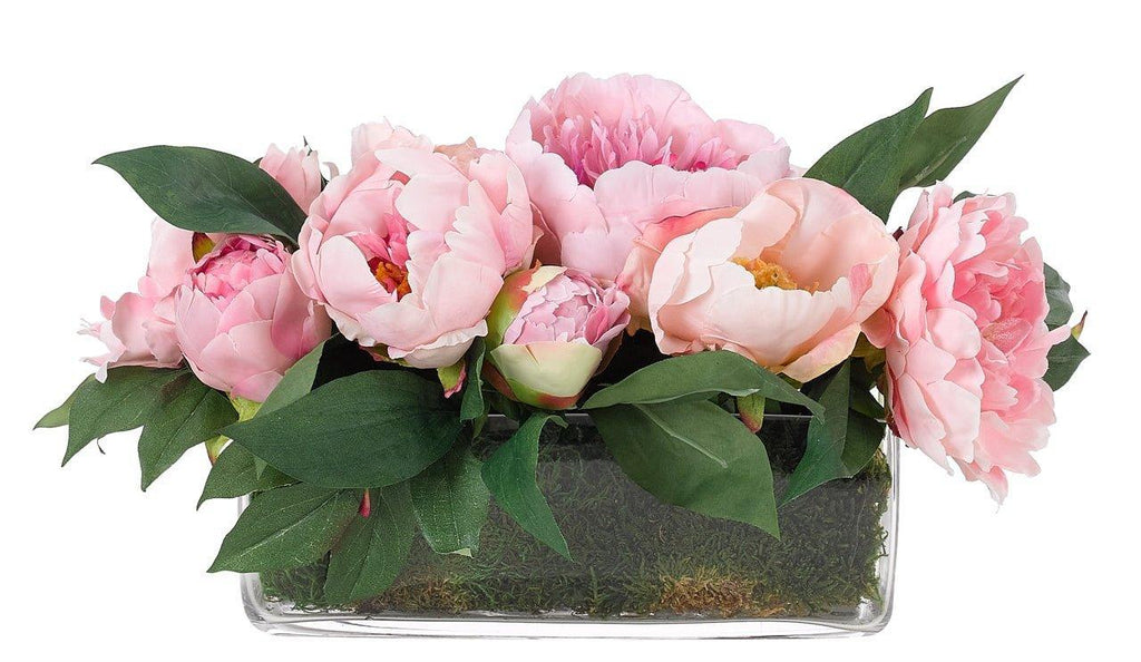 Pink Faux Peony Arrangement in Moss and Rectangular Glass Vase - Florals & Greenery - The Well Appointed House
