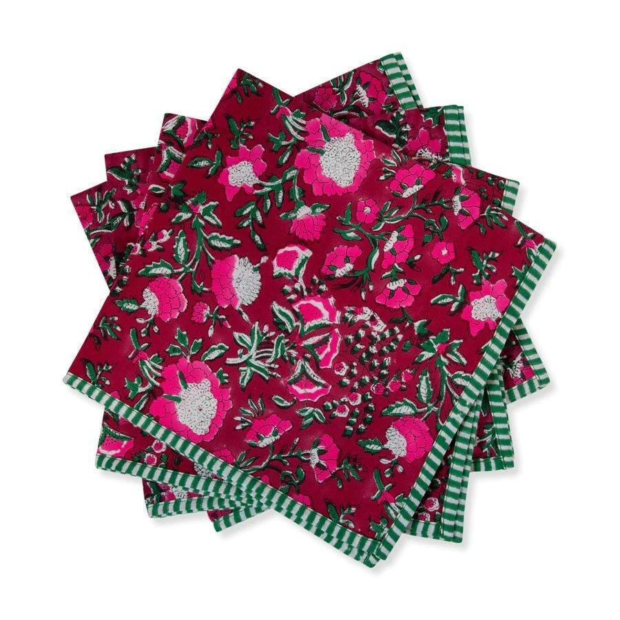 Pink Floral & Green Striped & Floral Block Print Napkins-Set of 4 - Dinner Napkins - The Well Appointed House