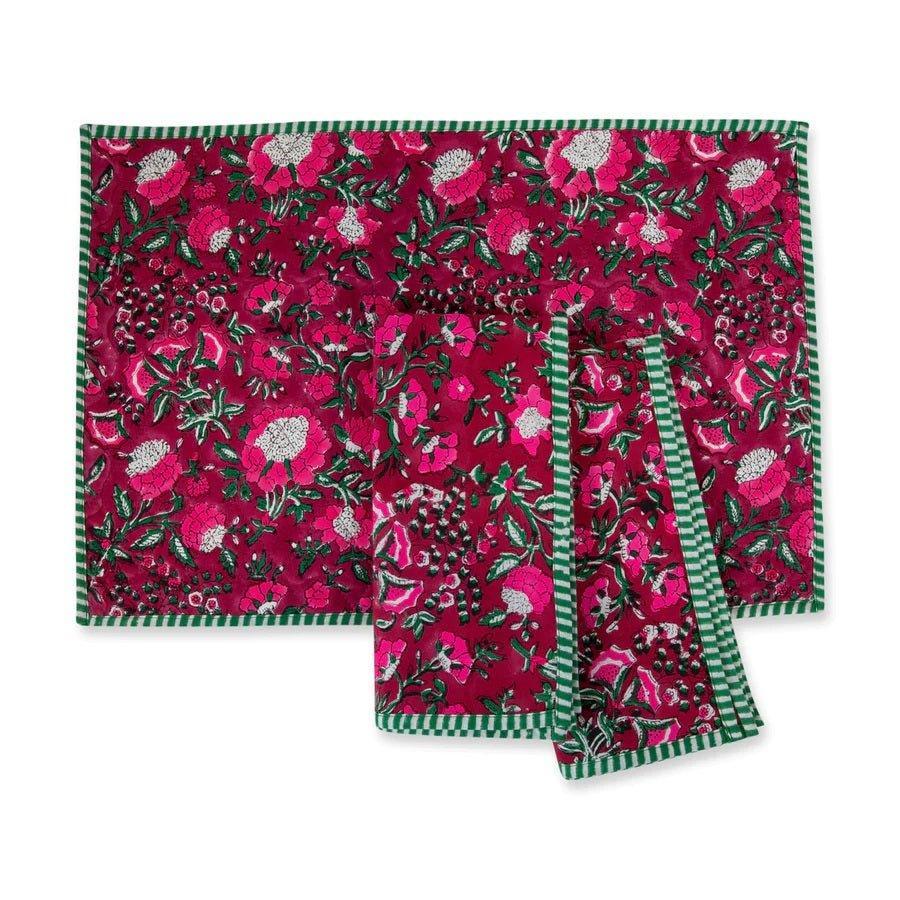 Pink Floral & Green Striped & Floral Block Print Napkins-Set of 4 - Dinner Napkins - The Well Appointed House