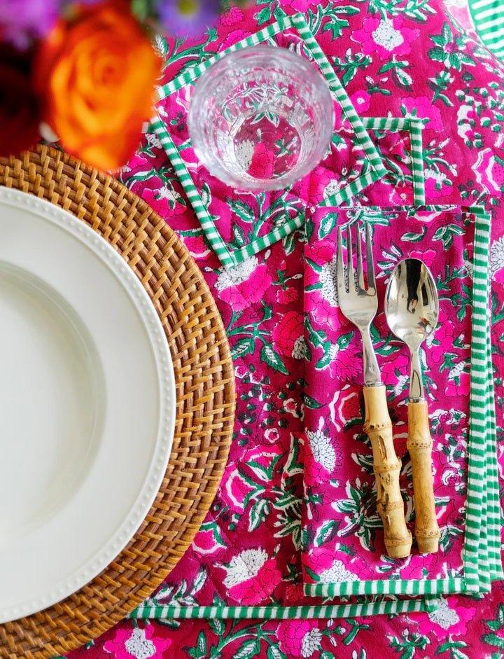 Pink Floral & Green Striped & Floral Block Print Placemats-Set of 4 - Placemats & Napkin Rings - The Well Appointed House