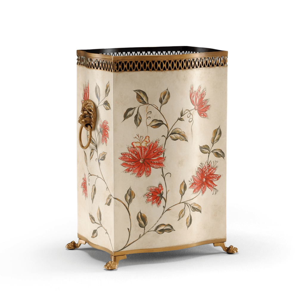 Pink Floral Handpainted Tole Wastebasket - Wastebasket - The Well Appointed House