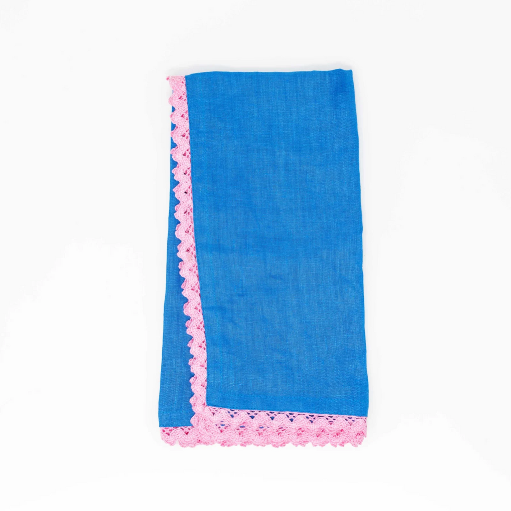 Set Of Four Pink Lace Trimmed Blue Linen Napkins - The Well Appointed House