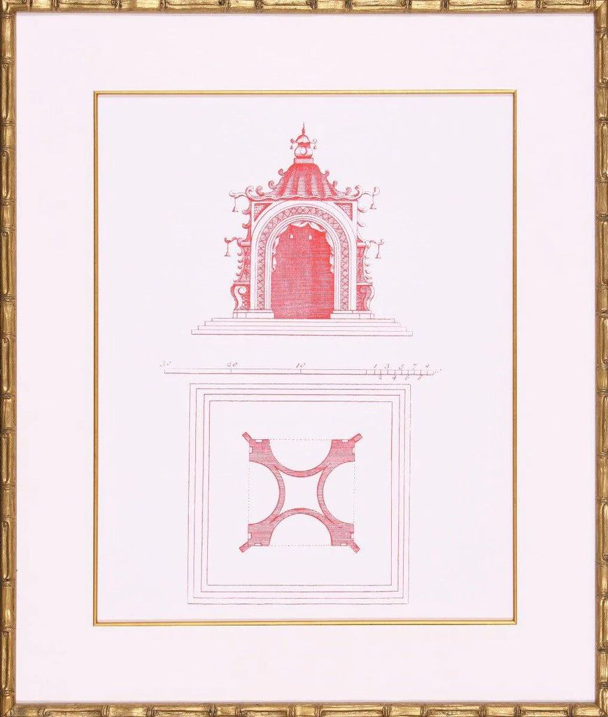 Pink Pagoda Architectural Lithograph Wall Art in Gold Frame - Paintings - The Well Appointed House