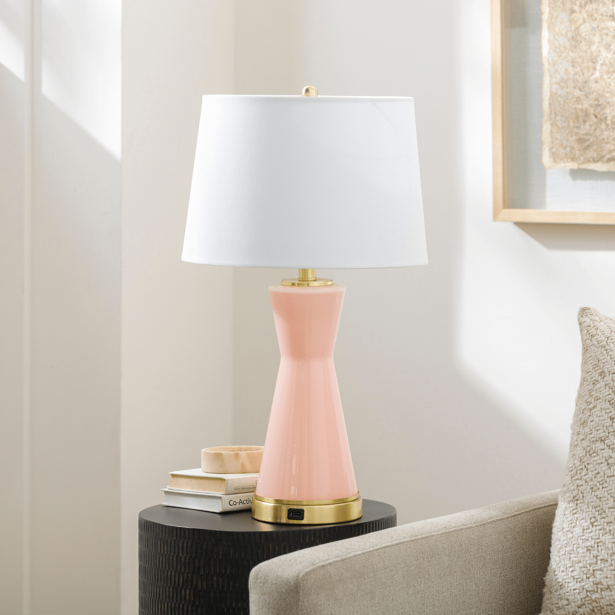 Pink Painted Glass Table Lamp With White Linen Shade – The Well ...