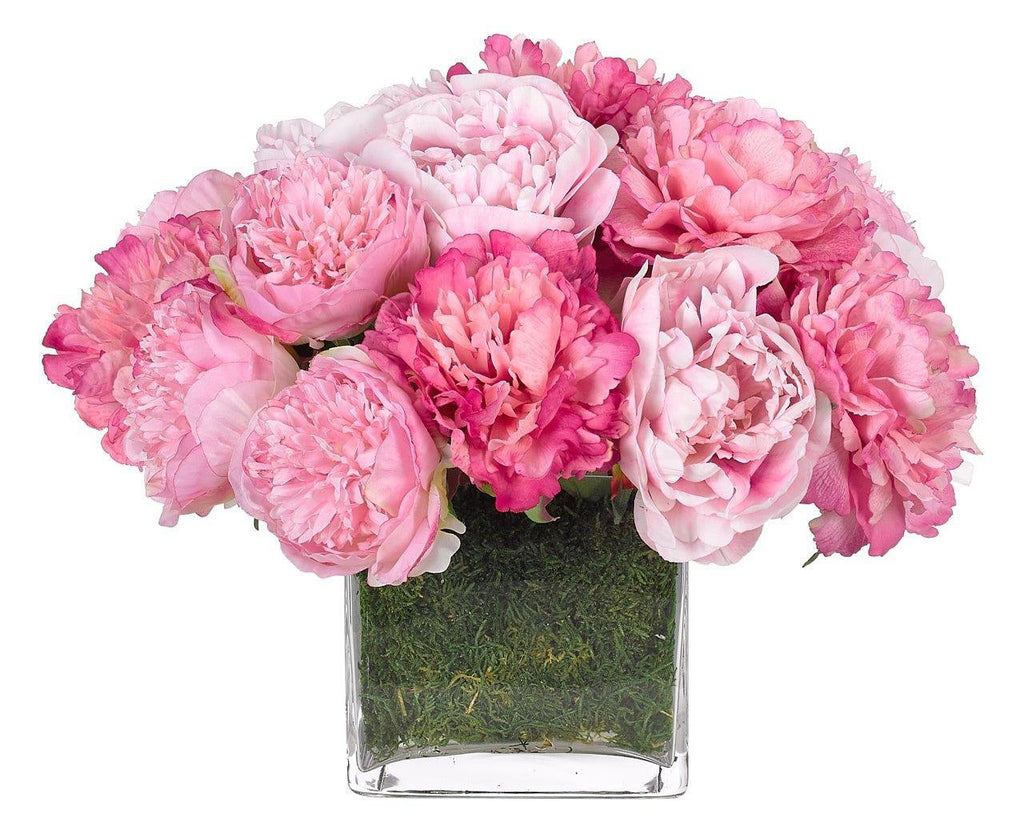 Pink Peony Faux Floral Arrangement in a Moss Garden Glass Cube Vase - Florals & Greenery - The Well Appointed House