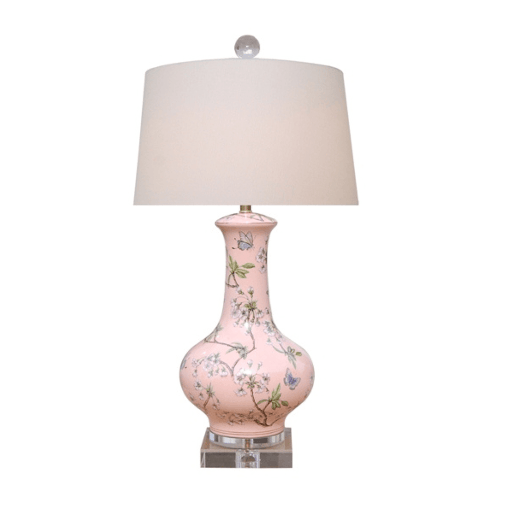 Pink Porcelain Cherry Blossom Vase Lamp With Crystal Base - Table Lamps - The Well Appointed House