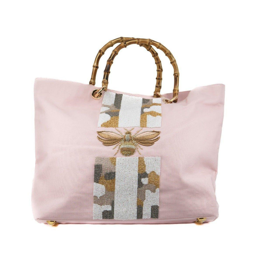 Pink Tote With Beaded Bee Embellishment & Bamboo Handle - Gifts for Her - The Well Appointed House