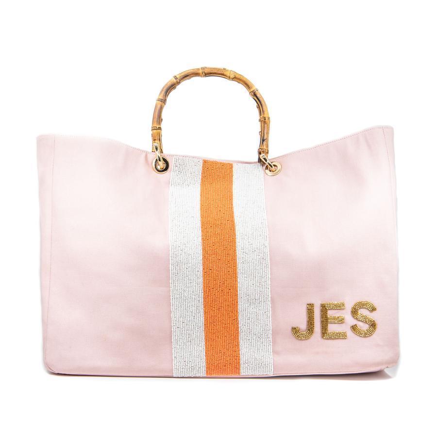 Pink Tote with Beaded Stripe & Bamboo Handle