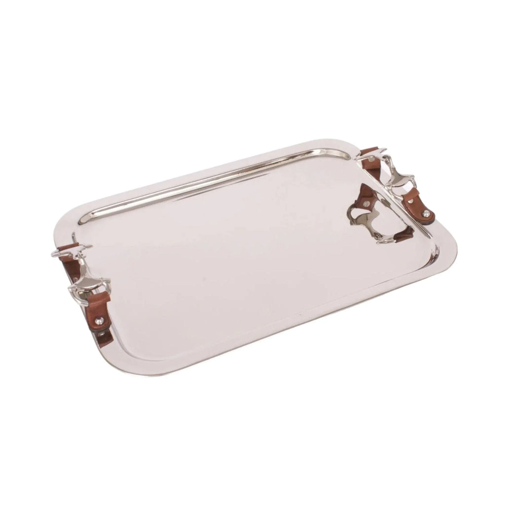 Polished Metal Serving Tray with Leather Handles - Decorative Trays - The Well Appointed House