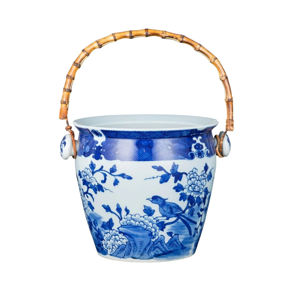 Porcelain Blue and White Bird and Floral Design Wine Bucket with Bamboo Handle - Bar Tools & Accessories - The Well Appointed House