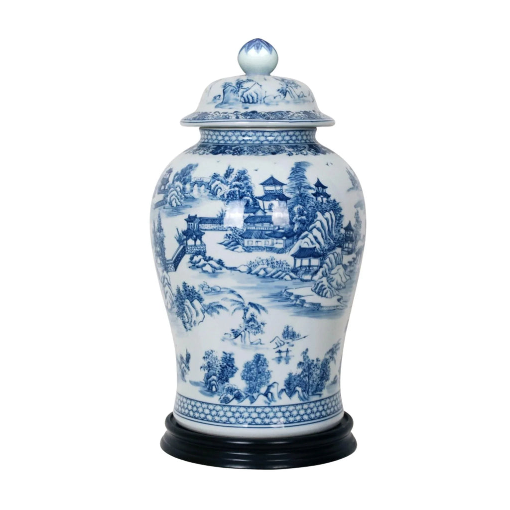 Porcelain Blue & White Chinoiserie Temple Jar with Black Base - Vases & Jars - The Well Appointed House