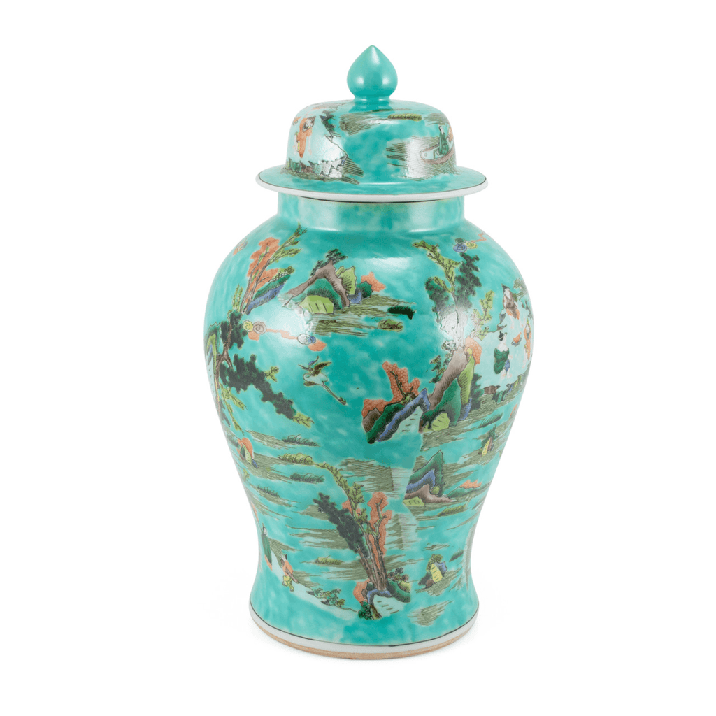 Porcelain Chinoiserie Green Landscape Temple Jar - Vases & Jars - The Well Appointed House